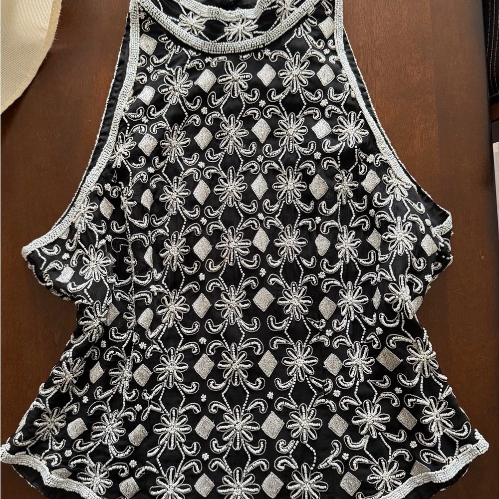 Papell Boutique Black Halter Camisole with Silver Floral Embroidery